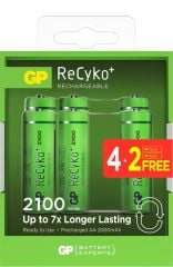GP ReCyko Pro AA 2000 mAh 1.2V NiMH Şarj Edilebilir Kalem Pil, 6'lı Paket (4+2 Avantajlı Paket)