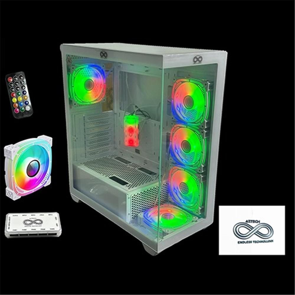 AZTECH AZT201 W 5 x RGB Fan Uzakdan Kumanda Beyaz Akvaryum Gaming Kasa Temper Cam, RGB Switch