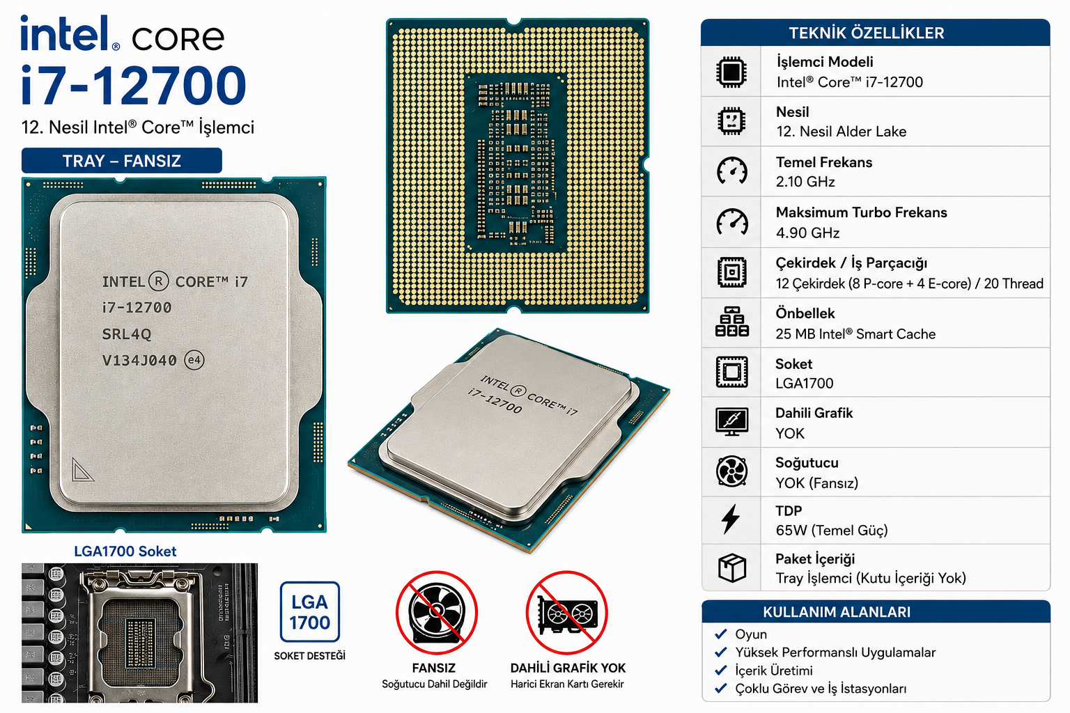 INTEL CORE i7-12700 2.10Ghz 25MB 1700p 12.Nesil TRAY FANSIZ
