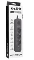 S-link SPG03U 750 Joule 2 Port USB 5V 2.4A 3'lü Akım Korumalı Siyah Grup Priz (1.5m)