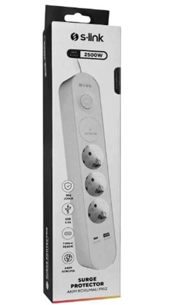 S-link SPG3-PD20 306 Joule PD 20W USB Type-C Girişli 3'lü Akım Korumalı Grup Priz (1.5m)