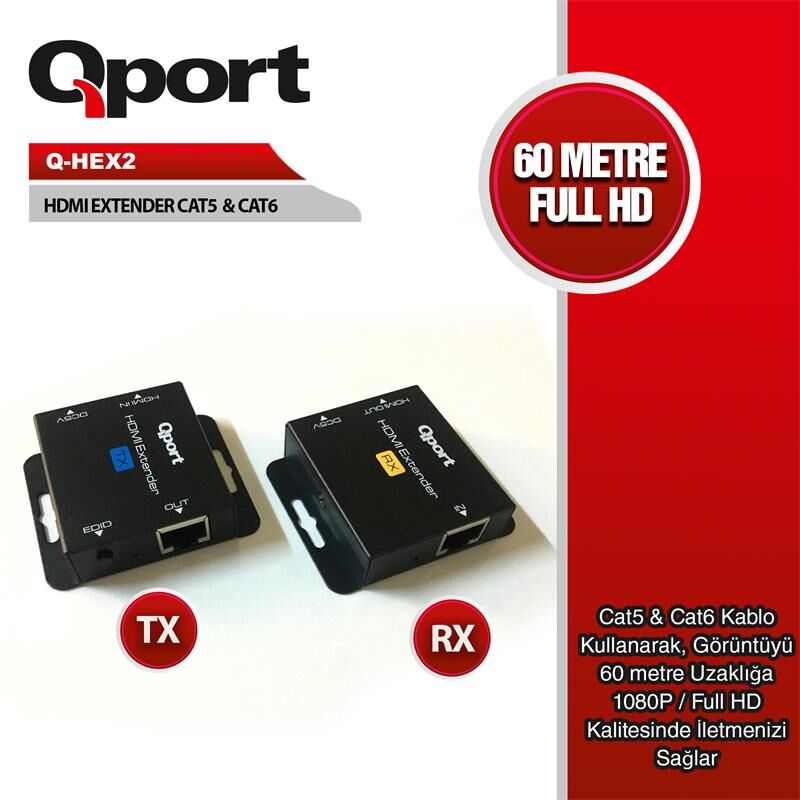 QPORT Q-HEX2 HDMI Extender CAT6 60m 2'li Paket (Adaptör Dahil) | 60 Metreye Kadar HDMI Sinyal Uzatma