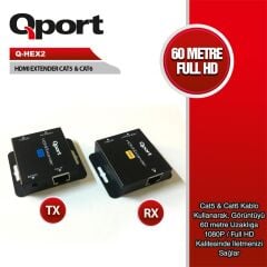 QPORT Q-HEX2 HDMI Extender CAT6 60m 2'li Paket (Adaptör Dahil) | 60 Metreye Kadar HDMI Sinyal Uzatma