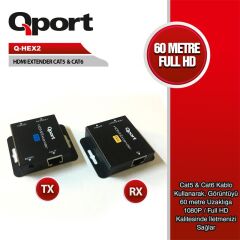 QPORT Q-HEX2 HDMI Extender CAT6 60m 2'li Paket (Adaptör Dahil) | 60 Metreye Kadar HDMI Sinyal Uzatma