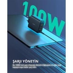 AUKEY PA-B7S-BK 100W Dört Bağlantı Noktalı PD GaN Duvar Şarj Cihazı USB-C ve USB-A Çıkışlarıyla Hızlı Şarj Siyah