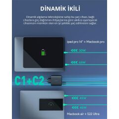 AUKEY PA-B7S-BK 100W Dört Bağlantı Noktalı PD GaN Duvar Şarj Cihazı USB-C ve USB-A Çıkışlarıyla Hızlı Şarj Siyah