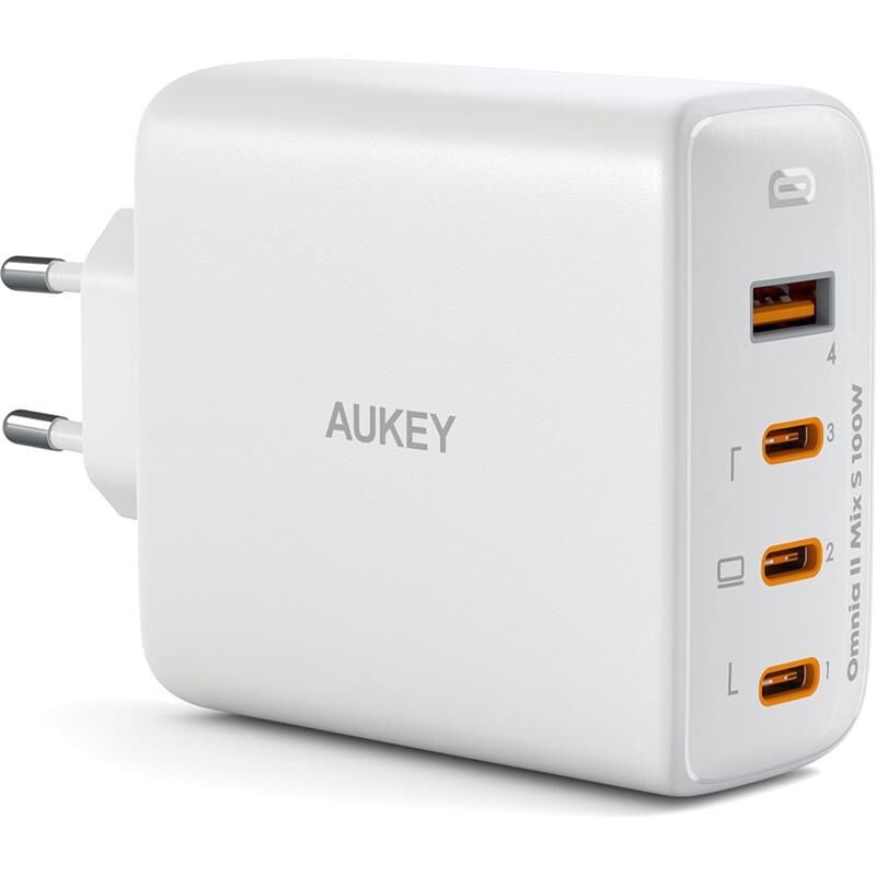 AUKEY PA-B7S-WH 100W Dört Bağlantı Noktalı PD GaN Duvar Şarj Cihazı - USB-C ve USB-A Çıkışları ile Hızlı Şarj