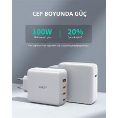 AUKEY PA-B7S-WH 100W Dört Bağlantı Noktalı PD GaN Duvar Şarj Cihazı - USB-C ve USB-A Çıkışları ile Hızlı Şarj