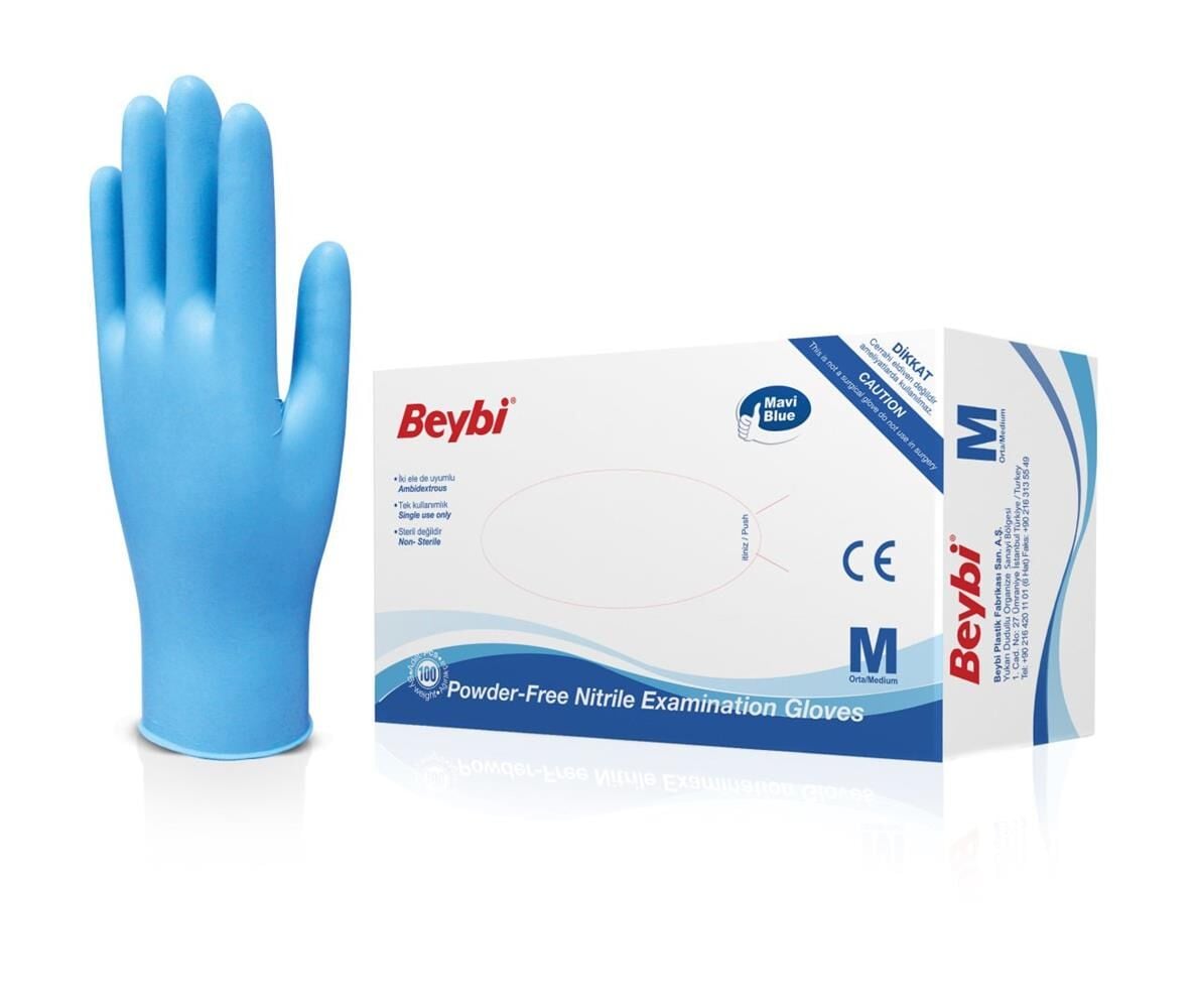 Beybi Pudrasız Nitril Mavi Muayene Eldiveni No:M (100'lü Paket)