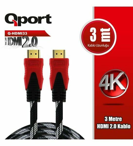 Qport Q-HDMI33 3 Metre HDMI v2.0 4K 60Hz Altın Uçlu Örgülü Görüntü ve Ses Kablosu