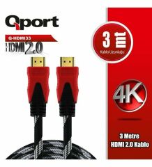 Qport Q-HDMI33 3 Metre HDMI v2.0 4K 60Hz Altın Uçlu Örgülü Görüntü ve Ses Kablosu