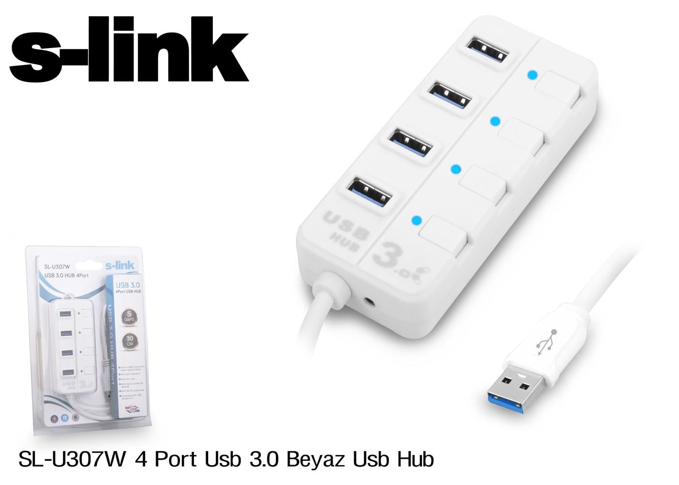 S-Link SL-U307W Beyaz 4 Port USB 3.0 Çoklayıcı