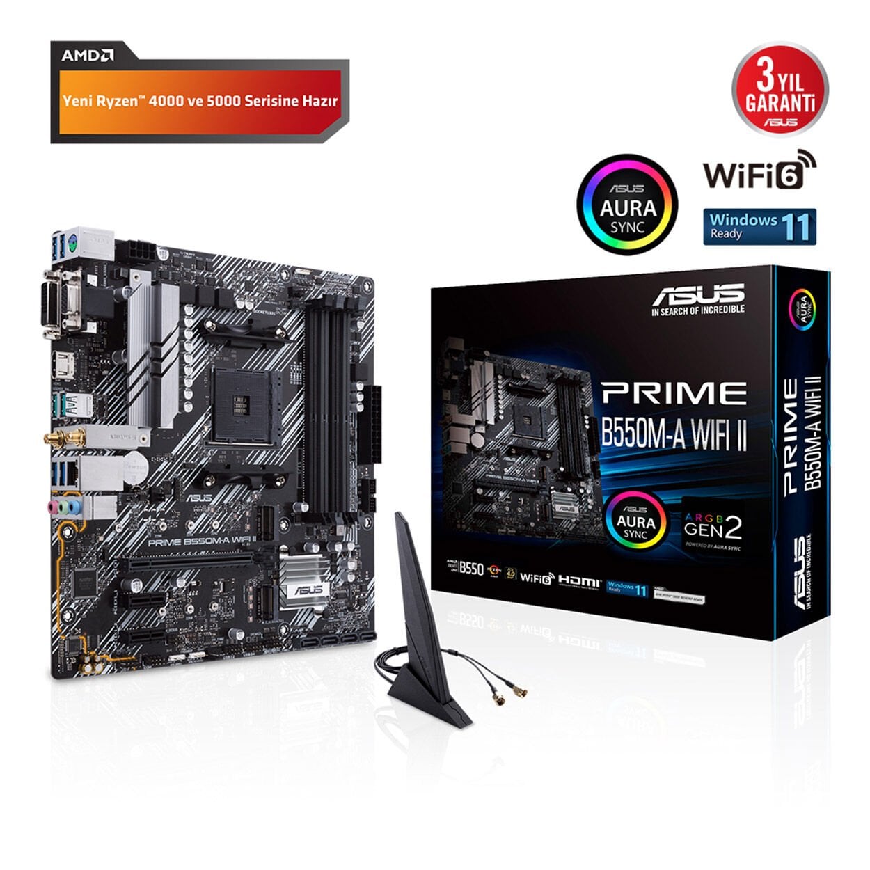 ASUS PRIME B550M-A WIFI II AMD B550 AM4 DDR4 4866 HDMI DVI VGA Çift M2 USB3.2 AX