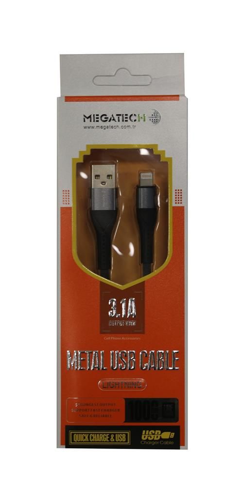 Megatech A-Serisi 3.1A Lightning (iPhone) Hızlı Şarj ve Veri Kablosu - Gri/Siyah Örgülü