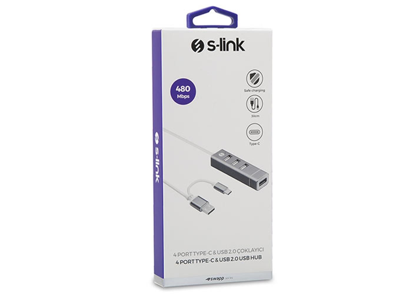 S-link Swapp SW-U220 4 Port Type-C USB 2.0 Gri Hub