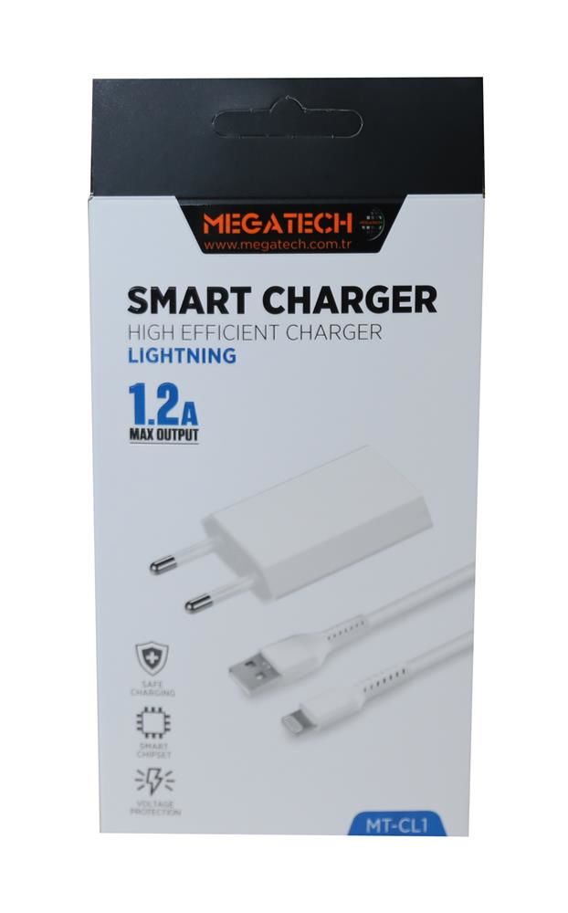 Megatech MT-CL1 1.2A USB Ev Tipi Şarj Adaptörü + Lightning (iPhone) Şarj Kablosu Seti