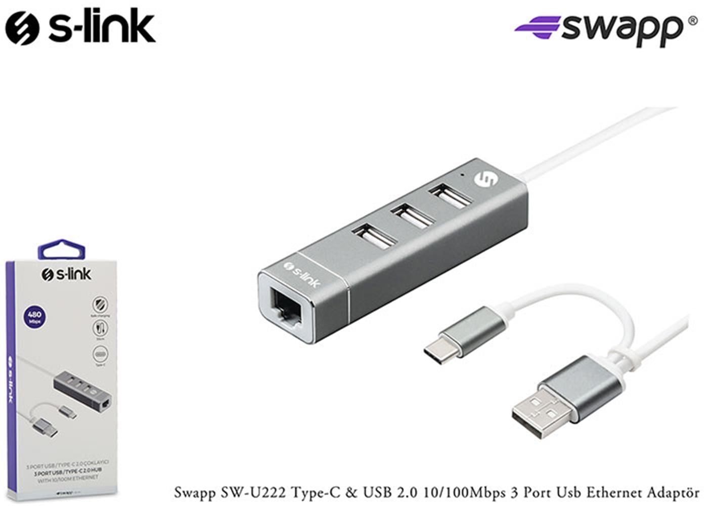 S-link Swapp SW-U222 Type-C USB 2.0 10-100Mbps 3 Port USB Ethernet Adaptör