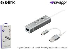 S-link Swapp SW-U222 Type-C USB 2.0 10-100Mbps 3 Port USB Ethernet Adaptör