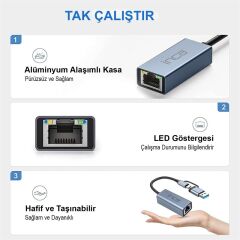 INCA IUTP-01T USB 3.0 TYPE-C 3.1 Ethernet RJ45 1000Mbps Alüminyum Kasa