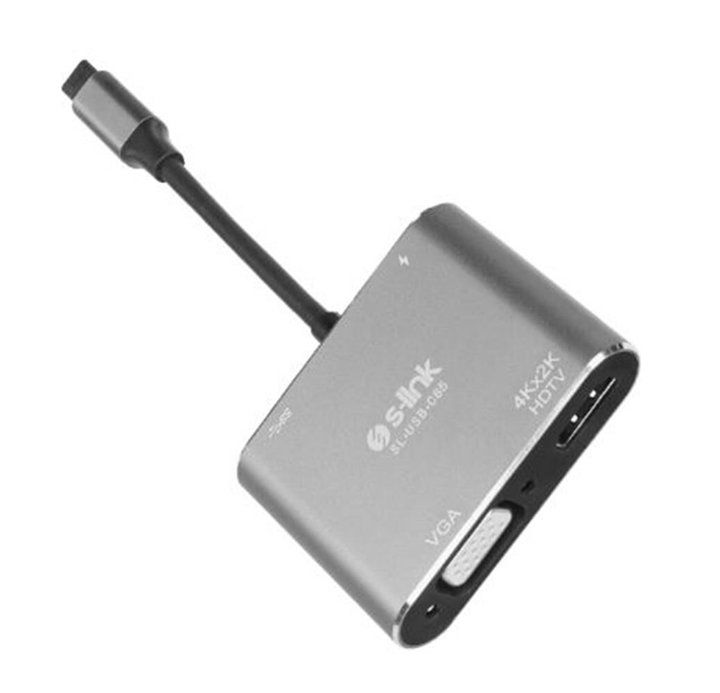 S-link SL-USB-C85 4'ü 1 Arada USB-C Hub - PD Şarj + 4K HDMI + VGA + USB 3.0 Çok Fonksiyonlu Dönüştürücü