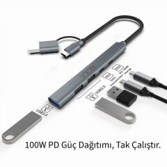INCA IUTP-06T USB 3.0 TYPE-C 3.1 HUB 1 X USB 3.0 + 2 X USB + TYPE-C + PD 100W 2.0 Alüminyum Kasa Çoklayıcı