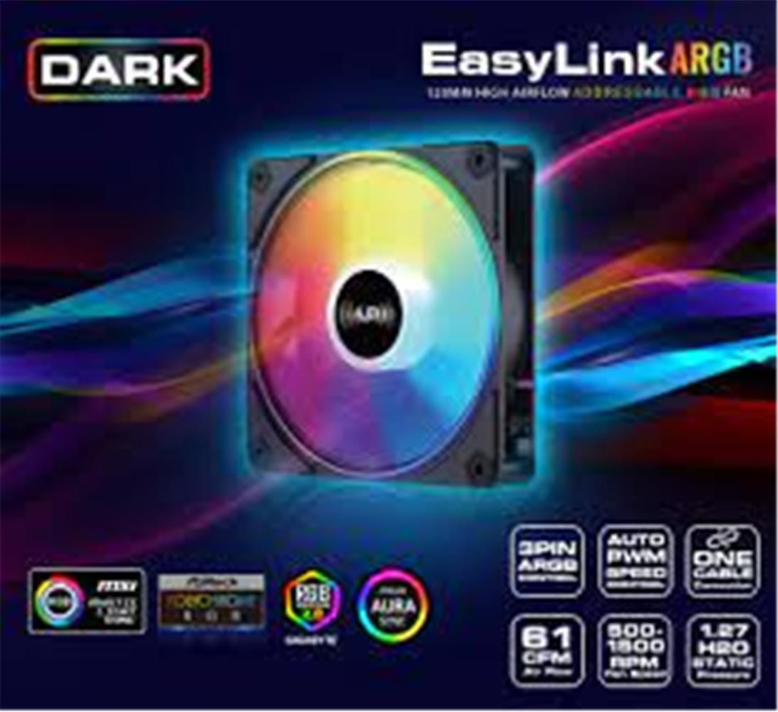 Dark DKCF1200A Easylink Siyah Addressable RGB (ARGB) 120 mm Fan – 500‑1500 RPM, Hydro Bearing, 61 CFM, 4‑Pin PWM + Çift ARGB 5V Bağlantı, Siyah Çerçeve/Şeffaf Kanat