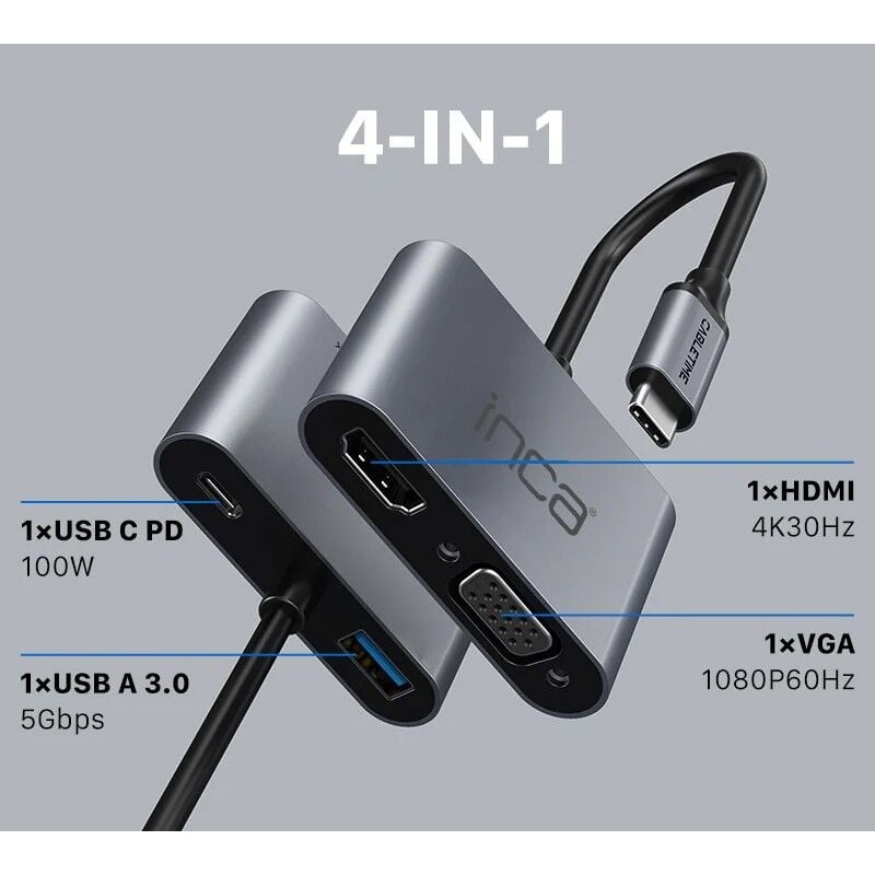 INCA ITPC-06T TYPE-C HUB X4 HDMI 4K@30 Hz + VGA + USB 3.0 + PD 100W Alüminyum Kasa Çoklayıcı