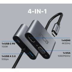 INCA ITPC-06T TYPE-C HUB X4 HDMI 4K@30 Hz + VGA + USB 3.0 + PD 100W Alüminyum Kasa Çoklayıcı