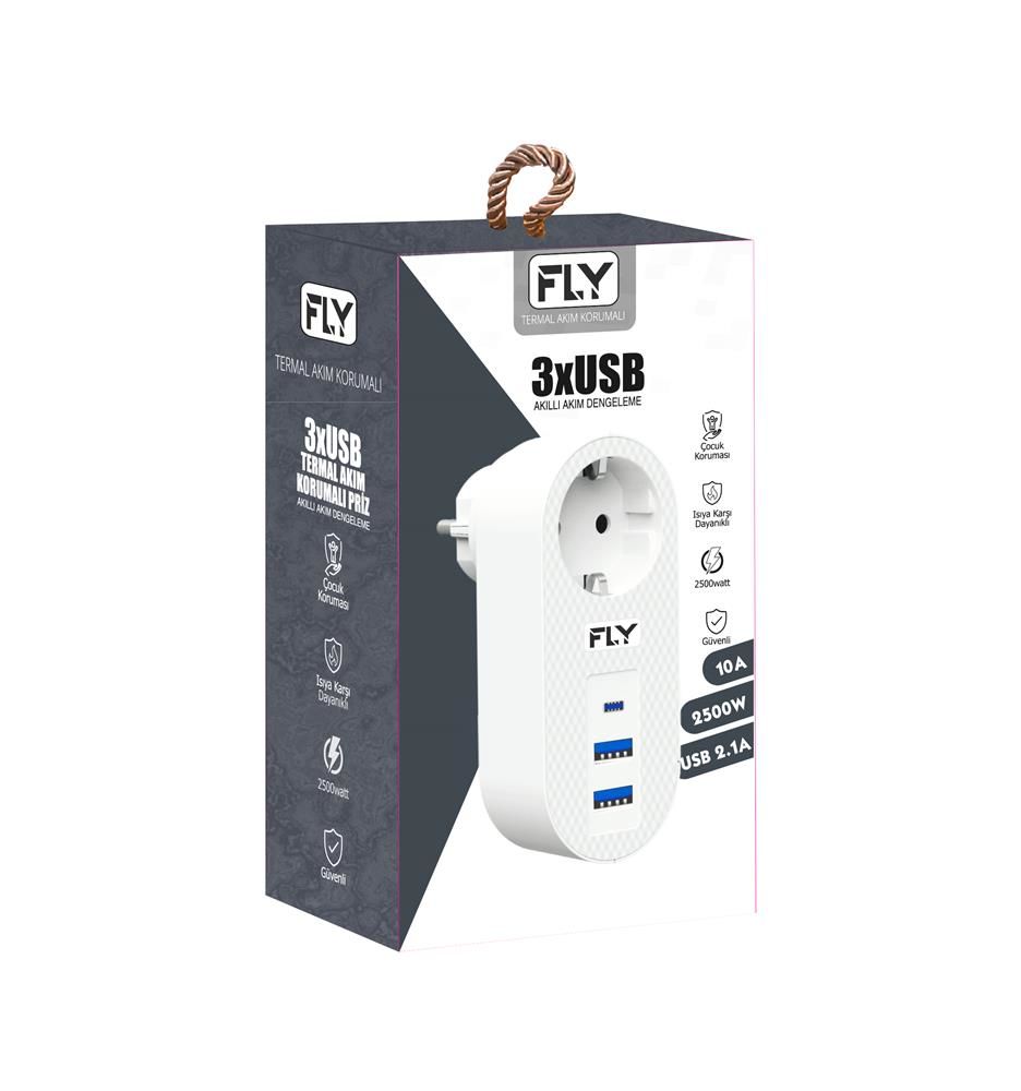 FLY-3400-01 Akım Korumalı Tekli Priz Geyiği - 2x USB-A + 1x USB-C Girişli 2500W 10A