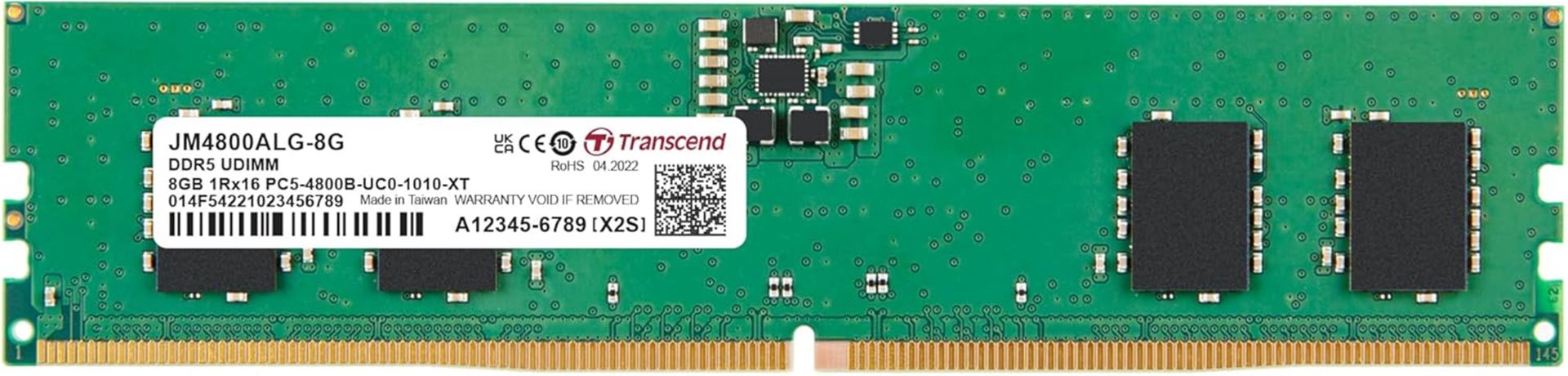 Transcend JetRAM 8GB (1×8GB) DDR5‑4800MHz PC5‑38400 Single‑Rank Unbuffered UDIMM CL40 1.10 V 288‑Pin On‑Die ECC Bellek Modülü (JM4800ALG‑8G)