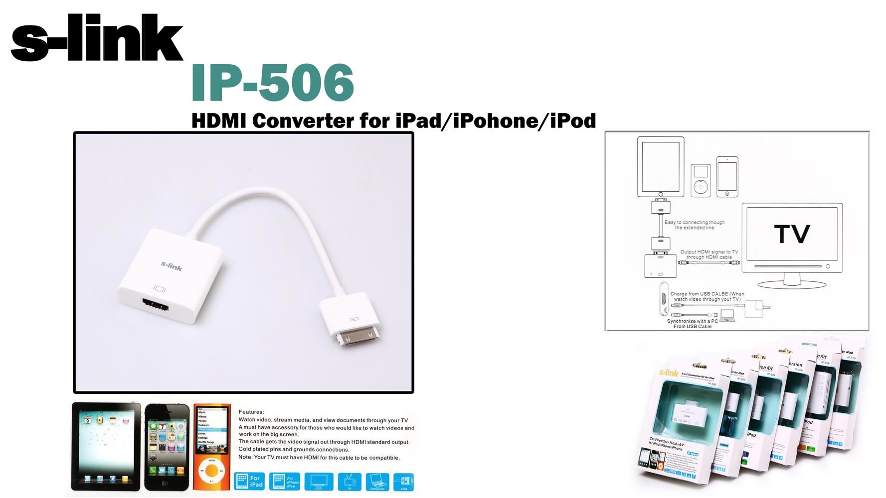 S-link IP-506 30-Pin Dock to HDMI + Micro USB Şarj Adaptörü (iPad/iPhone/iPod Uyumlu)
