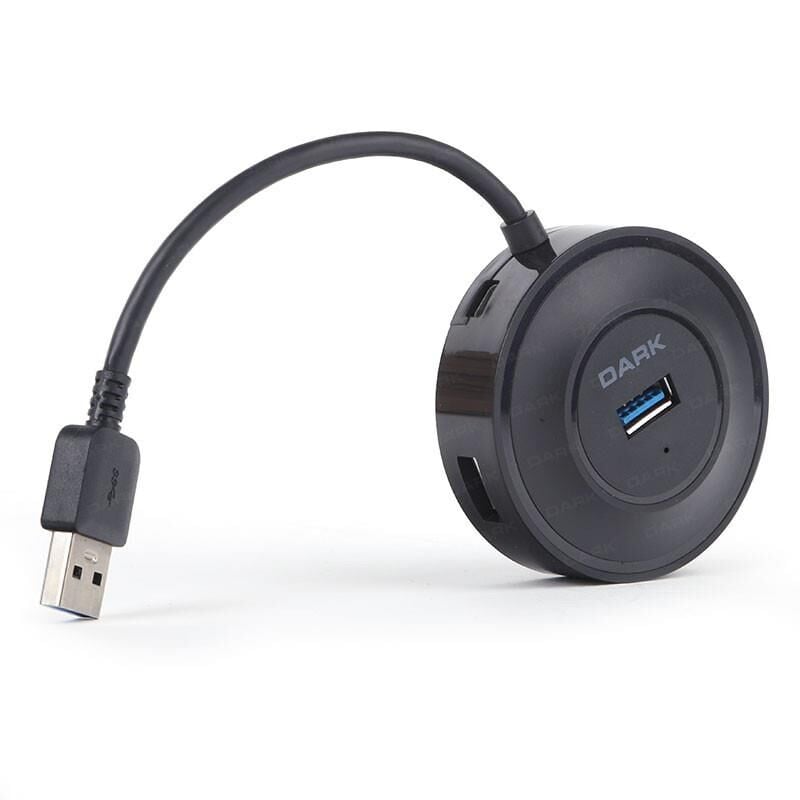 DARK DK‑AC‑USB344 Connect Master X4 USB 3.0 4 Port Çoklayıcı Hub – Yuvarlak Siyah Tasarım, 10 cm Kablo, Micro‑USB Güç Desteği, Plug‑and‑Play, 2 Yıl Türkiye Garantili