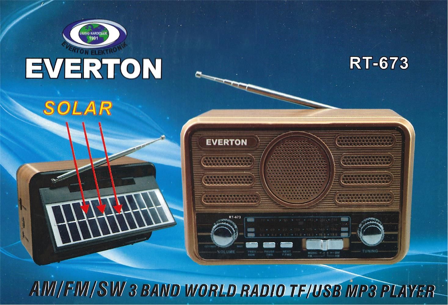 Everton RT-673 Bluetooth FM-USB-TF-AUX Şarjlı Solar Nostaljik Radyo