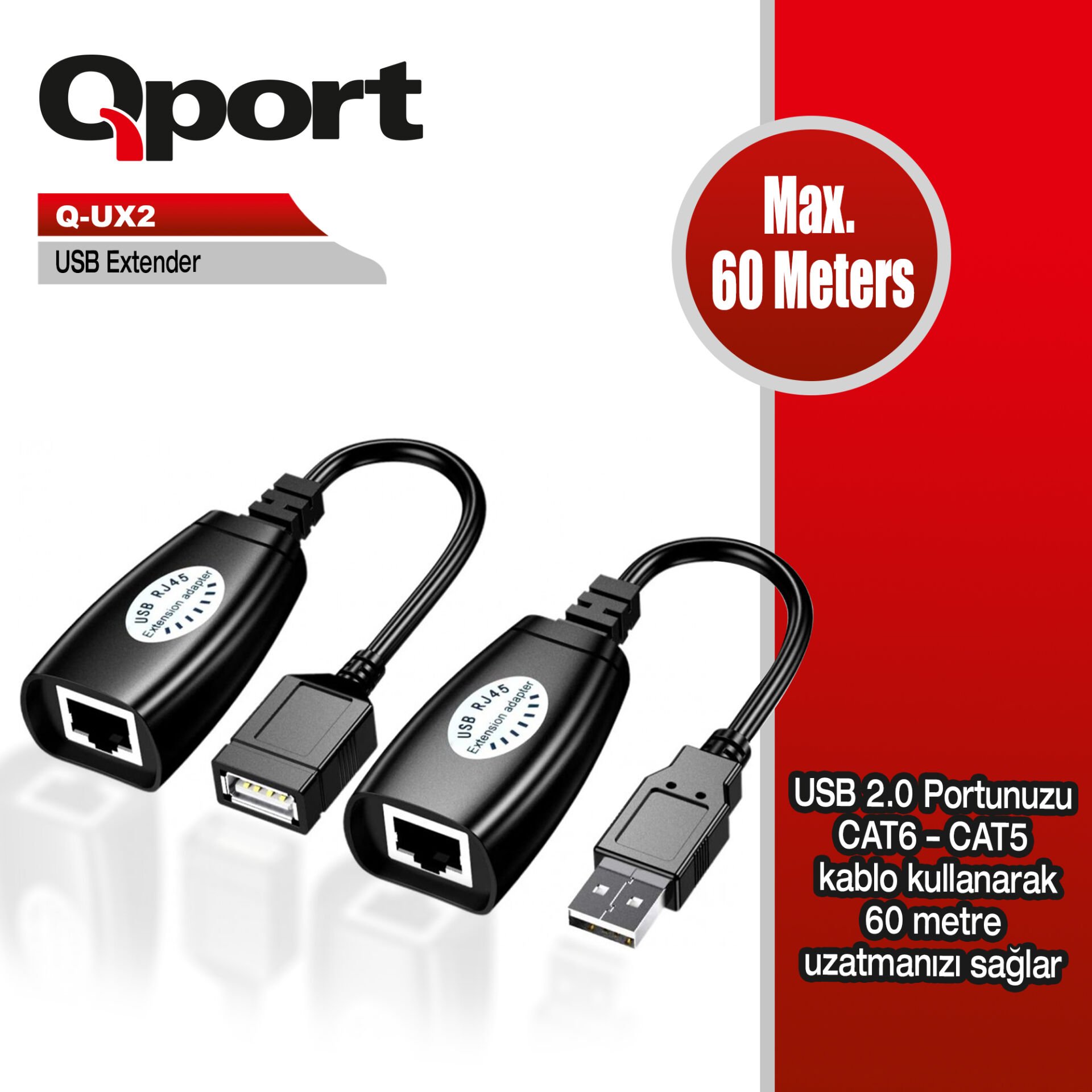 Qport Q-UX2 60 Metre USB 2.0 Extender (Uzatıcı) RJ45 Üzerinden Aktarım Seti