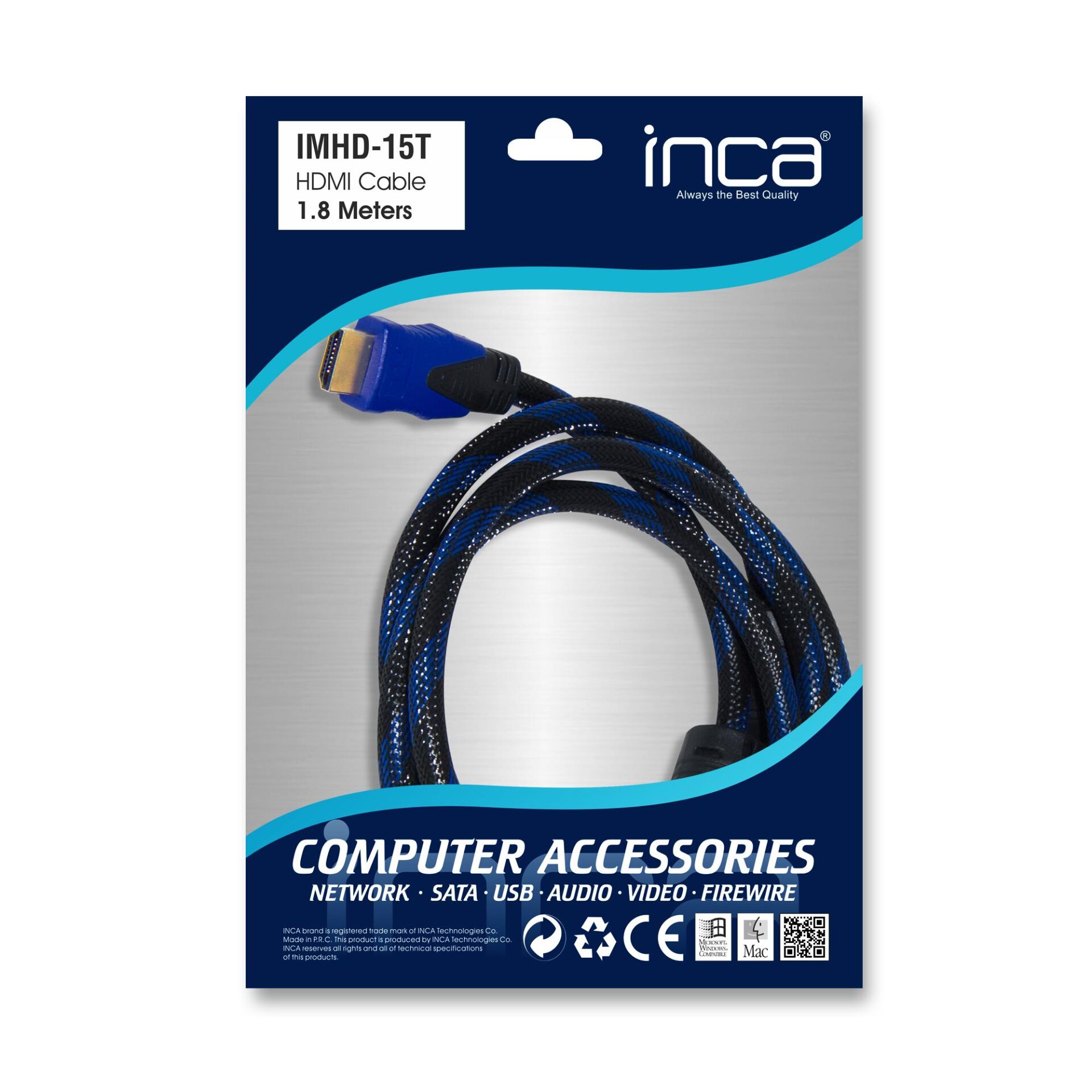 Inca IMHD‑15T 1.8 m Örgülü HDMI 1.4/2.0 Kablo – Altın Uçlu, Ethernet & 3D Destekli
