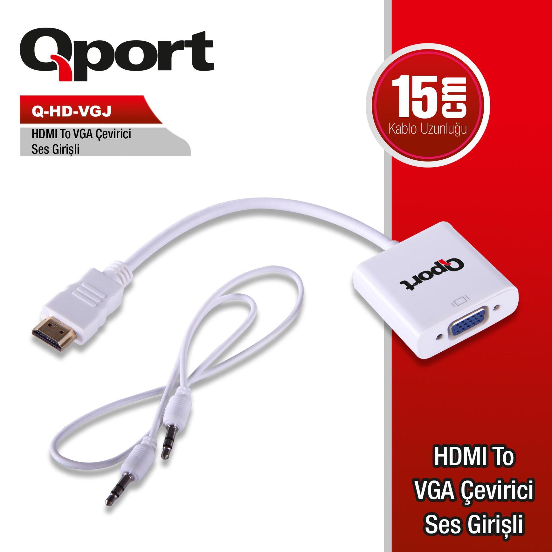 QPORT Q‑HD‑VGJ HDMI to VGA Çevirici Adaptör + 3.5 mm Ses Jack Full HD Aktif Dönüştürücü