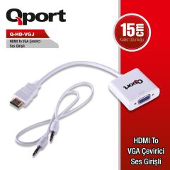 QPORT Q‑HD‑VGJ HDMI to VGA Çevirici Adaptör + 3.5 mm Ses Jack Full HD Aktif Dönüştürücü