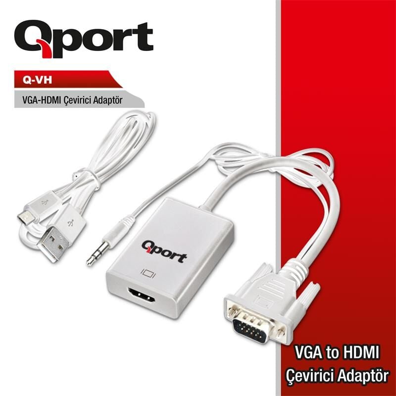 QPORT Q‑VH VGA to HDMI Çevirici Adaptör + 15 cm Ses Kablosu Full HD Aktif Dönüştürücü