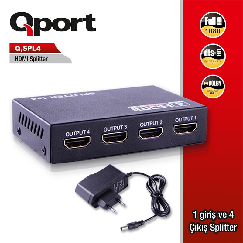 QPORT Q-SPL4 Full HD 1 Giriş 4 Çıkışlı HDMI Splitter (Sinyal Çoğaltıcı) - HDMI Görüntü Dağıtıcı