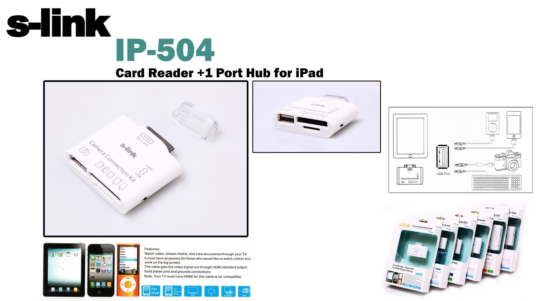 S-link IP-504 iPad 30-Pin 5in1 Camera Connection Kit ve Kart Okuyucu