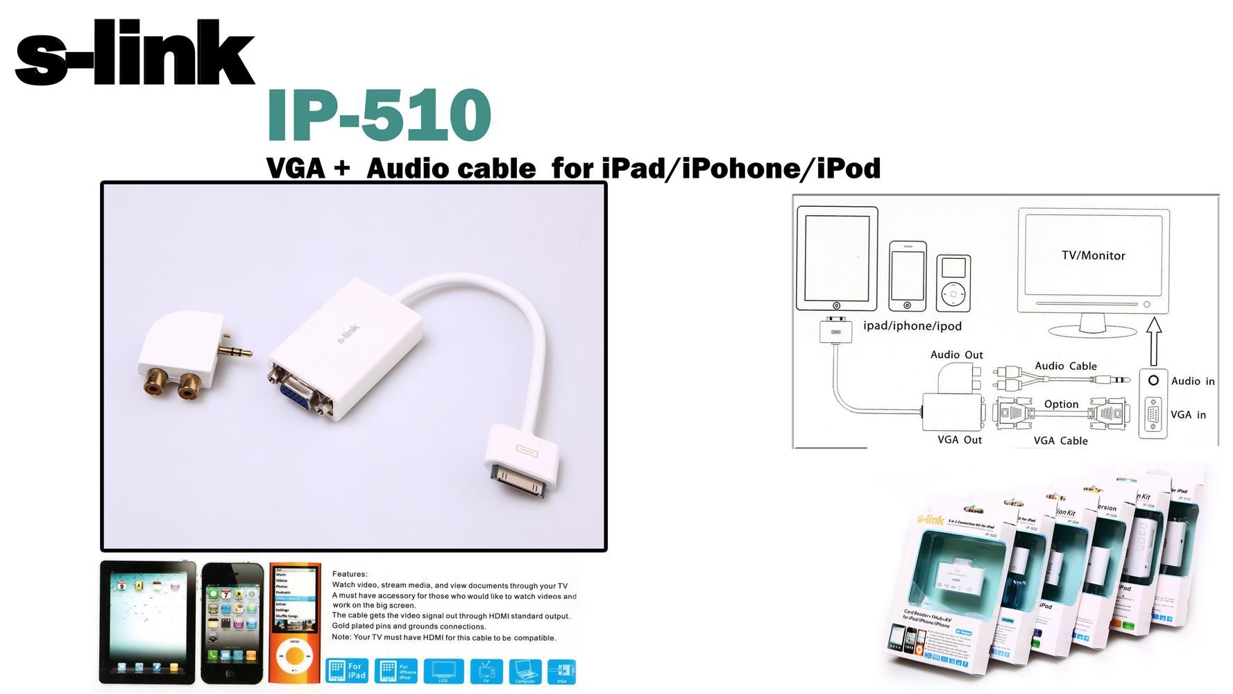 S-link IP-510 Apple 30-Pin to VGA ve 3.5mm Ses (Audio) Adaptörü (iPad 1/2/3, iPhone 4/4S)